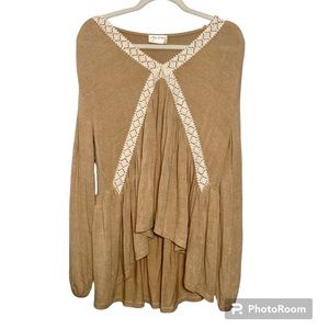 Allie Rose Tan Lace Detail Boho Flowy Long Sleeve Shirt